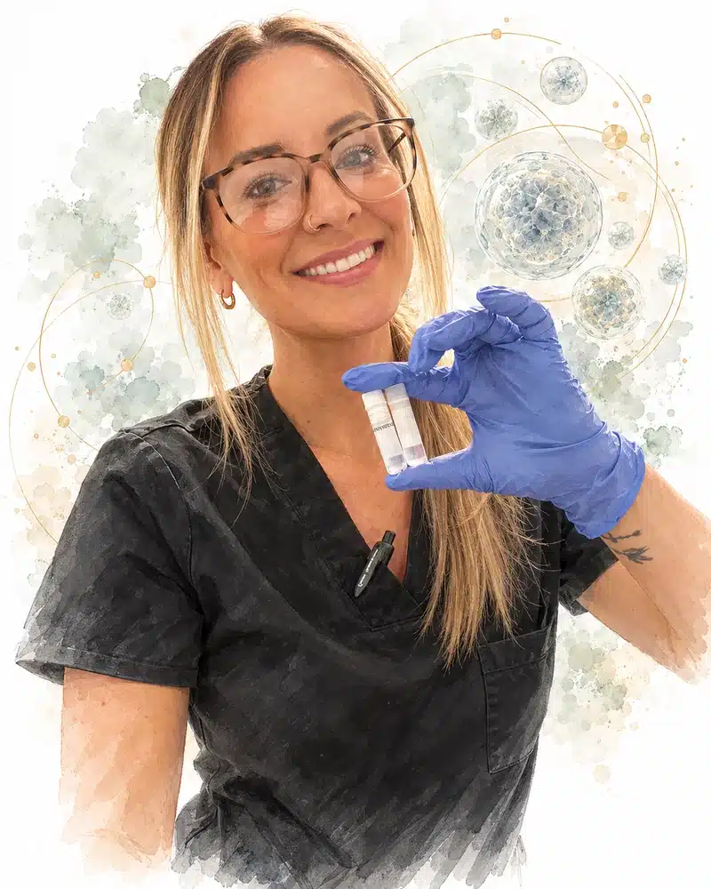 Alex Keser, Medical Assistant and Office Manager at The Stem Cell Club, holding stem cell vials