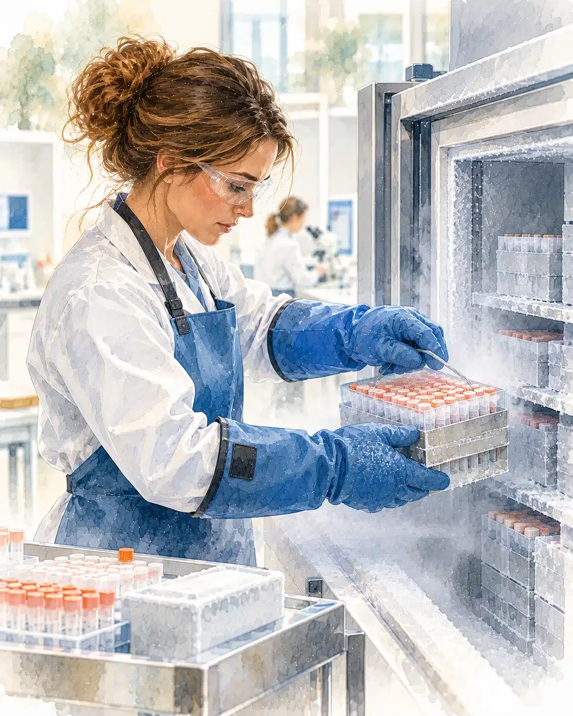 Watercolor illustration of a lab technician handling cryopreserved vials