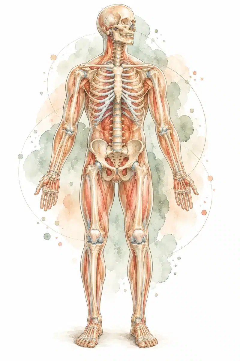 Watercolor illustration of the full human skeleton and muscles