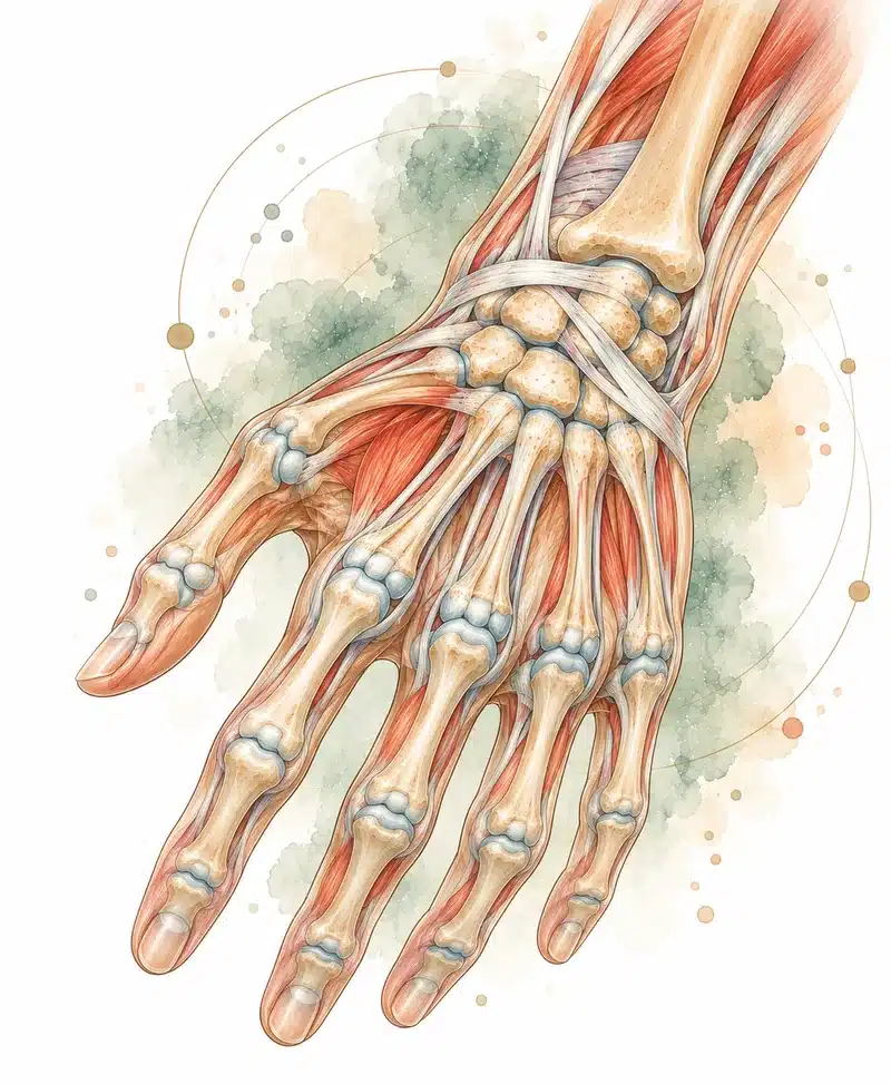 Watercolor illustration of the hand and wrist joints