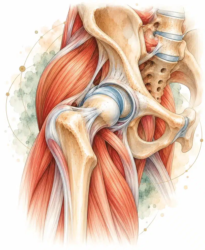 Watercolor illustration of the hip joint