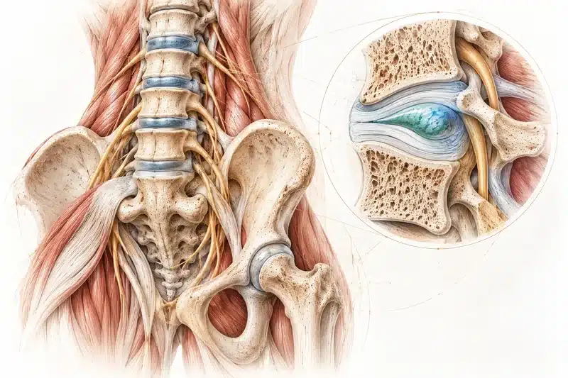 Watercolor illustration of the lumbar spine and pelvis