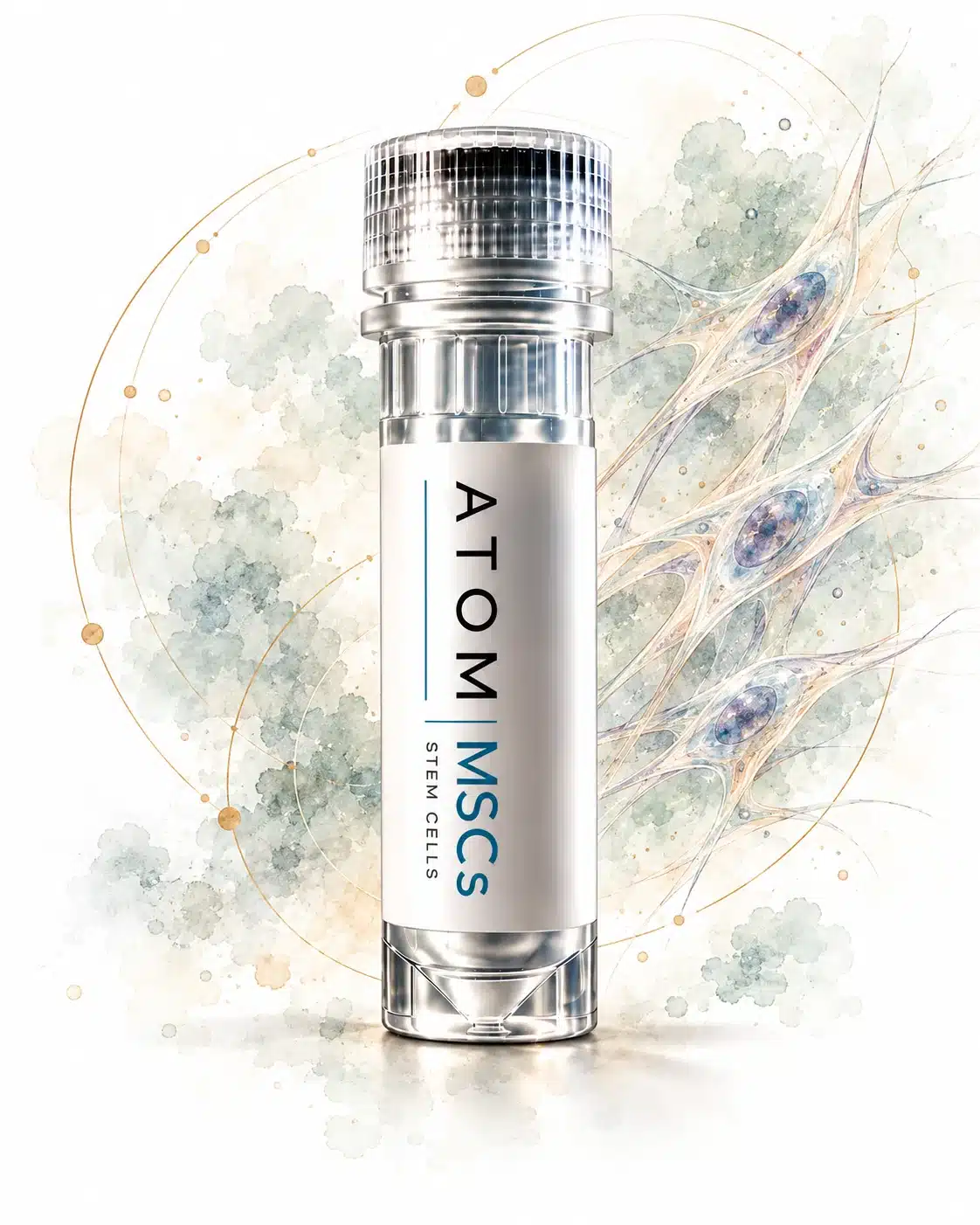 Vial of mesenchymal stem cells (MSCs) with watercolor cell illustration