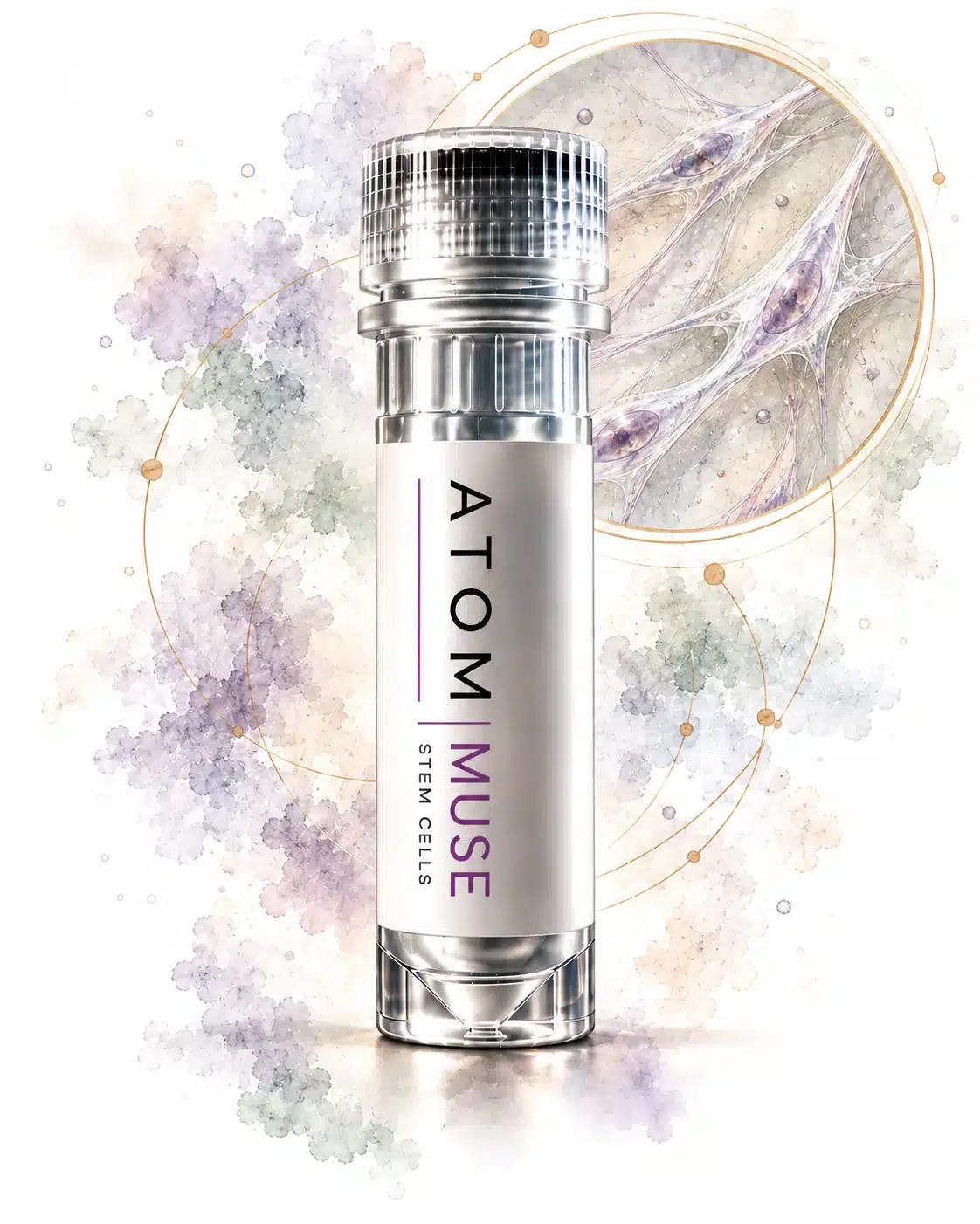 Vial of MUSE stem cells with watercolor cell illustration