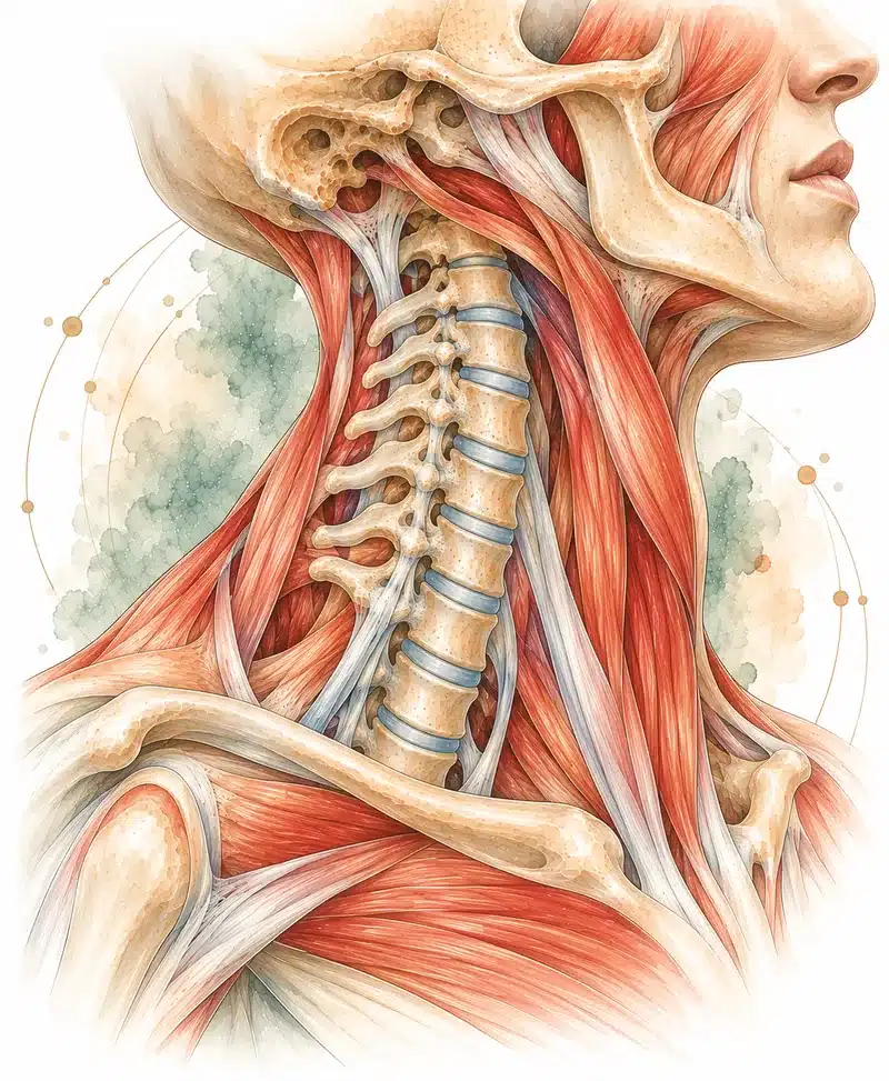 Watercolor illustration of the neck and cervical spine