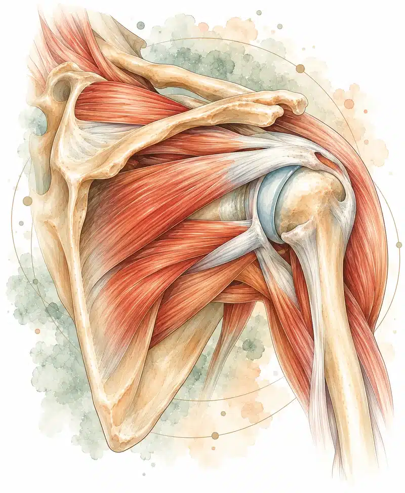 Watercolor illustration of the shoulder and rotator cuff