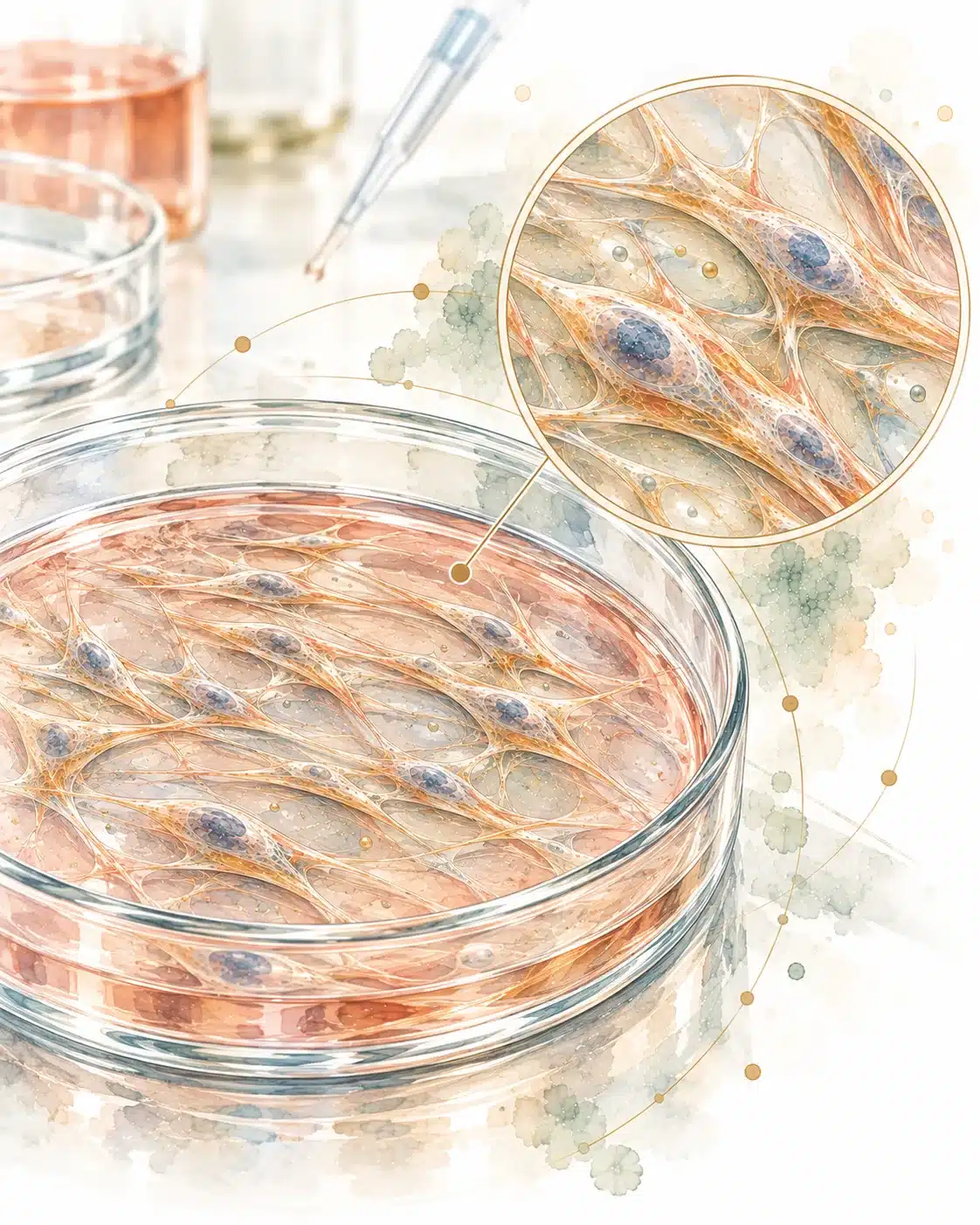 Watercolor illustration of cultured stem cells in a petri dish with a magnified view