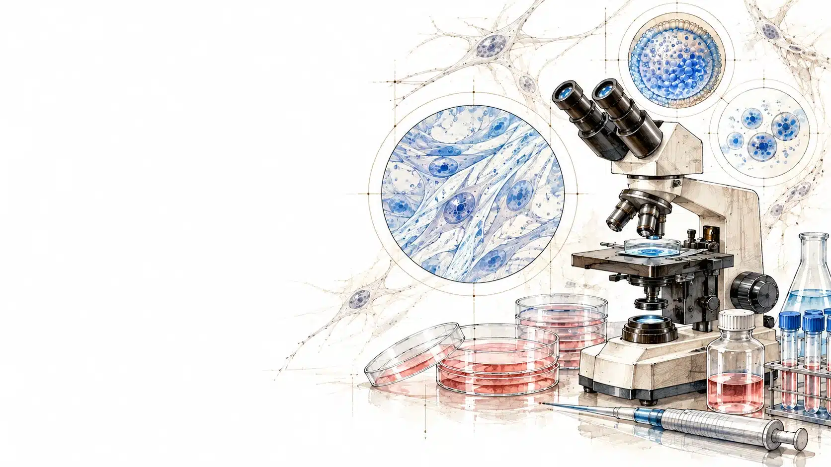 Watercolor illustration of a microscope, petri dishes, and magnified stem cells