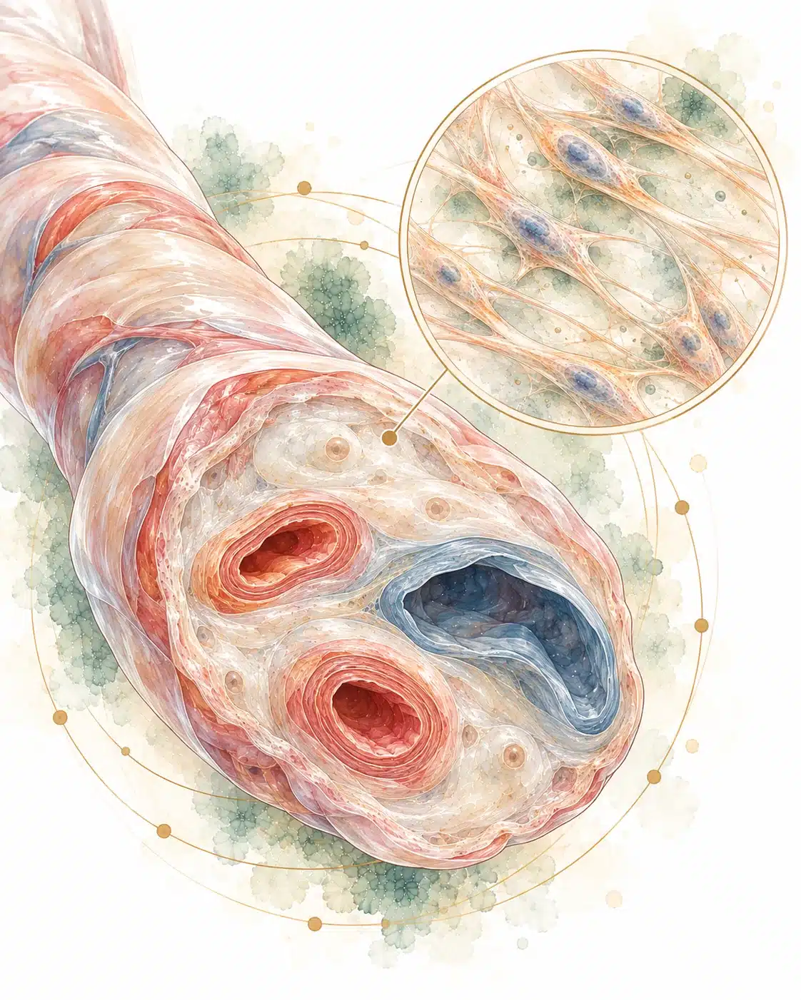 Watercolor cross-section of an umbilical cord with a magnified view of Wharton's jelly cells